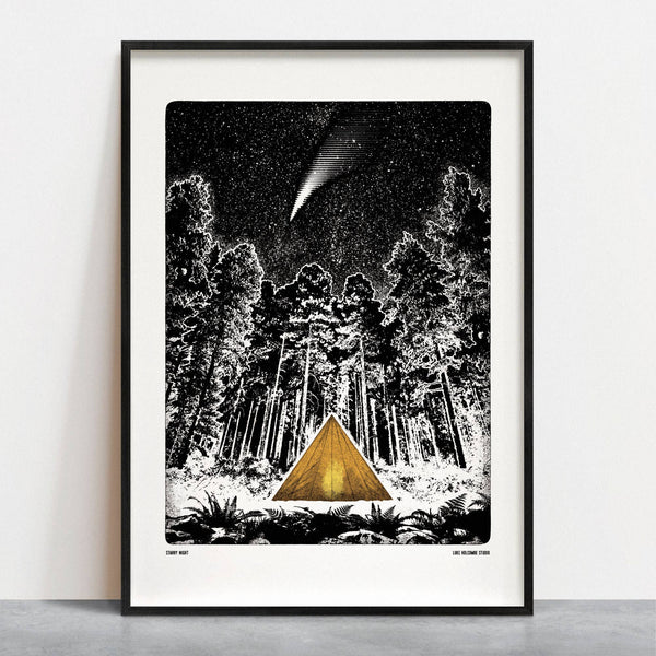Framed artwork of a tent in a forest under a starry sky