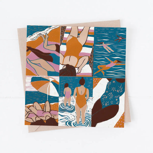 Illustrated greeting card with beach scenes featuring people in swimsuits.