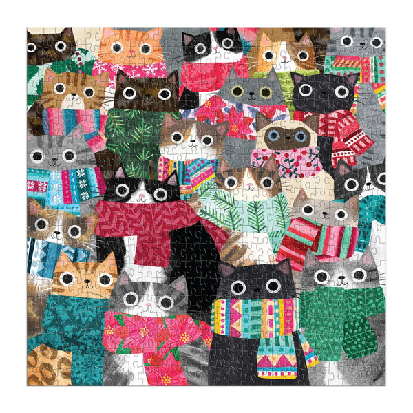 Jigsaw puzzle with cats wearing colourful scarves and clothing on a white background