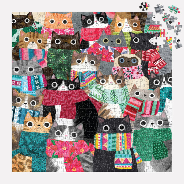 Jigsaw puzzle with cats wearing scarves on a white background