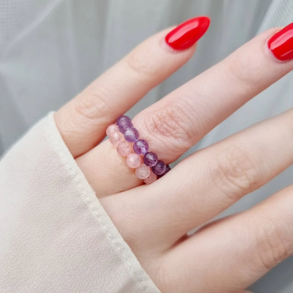 Amethyst Crystal Healing Beaded Ring - Calm, Clarity, Healing - Two Libras