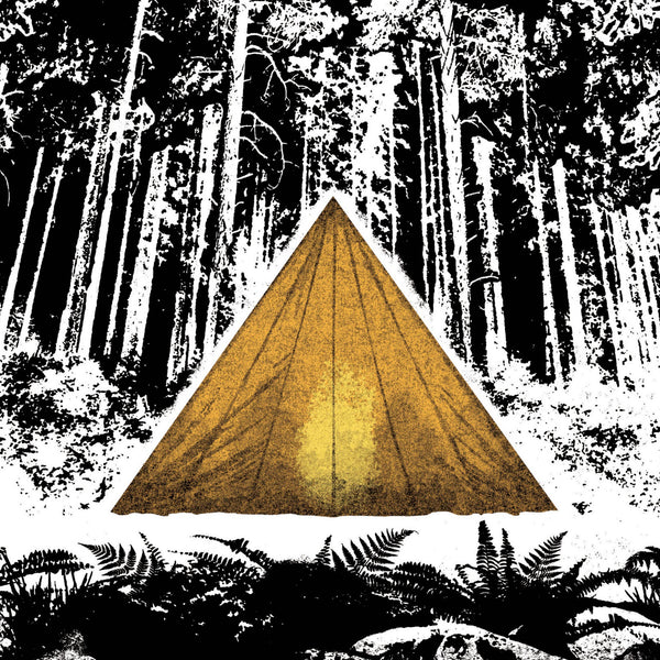Illustration detail of a gold tent in a forest with black and white trees and underbrush.
