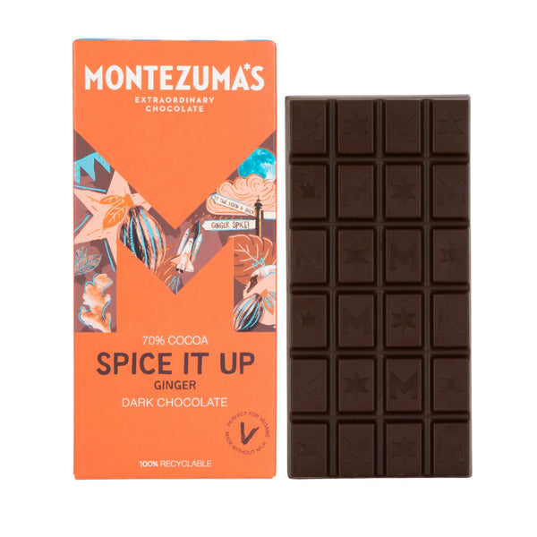 Montezuma's Spice It Up Ginger dark chocolate bar and packaging on a white background