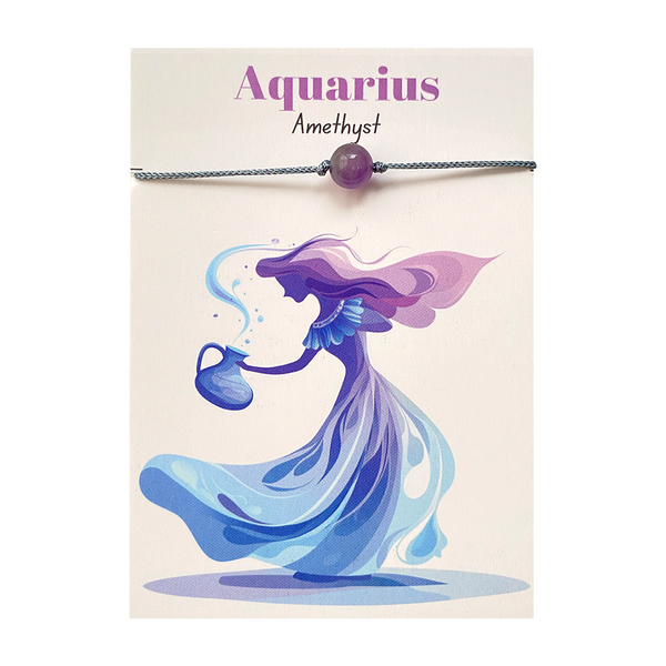 Aquarius-themed amethyst bracelet on a beige card with illustration of a woman holding a jug.