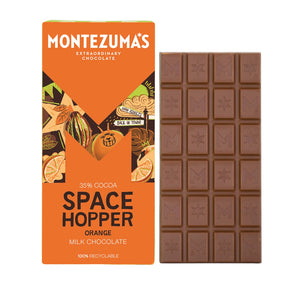 Montezuma's Space Hopper Orange Milk Chocolate bar packaging and chocolate bar on a white background