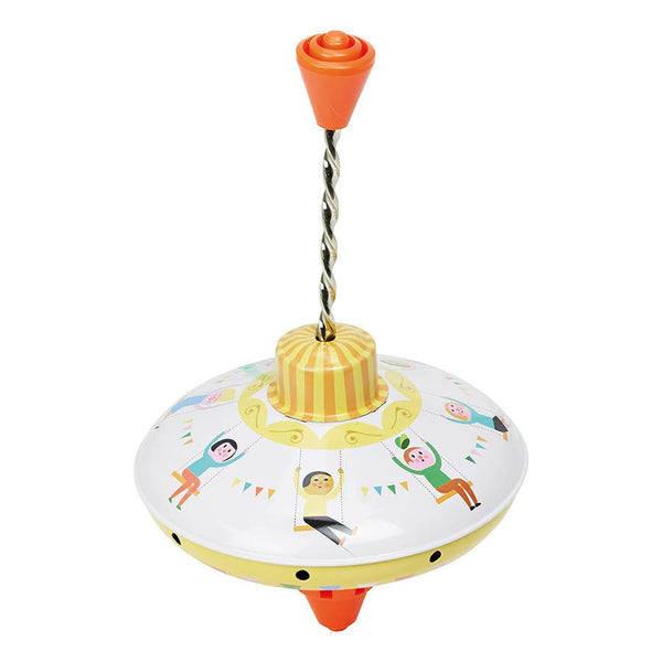 Toy spinning top with colourful design on a white background
