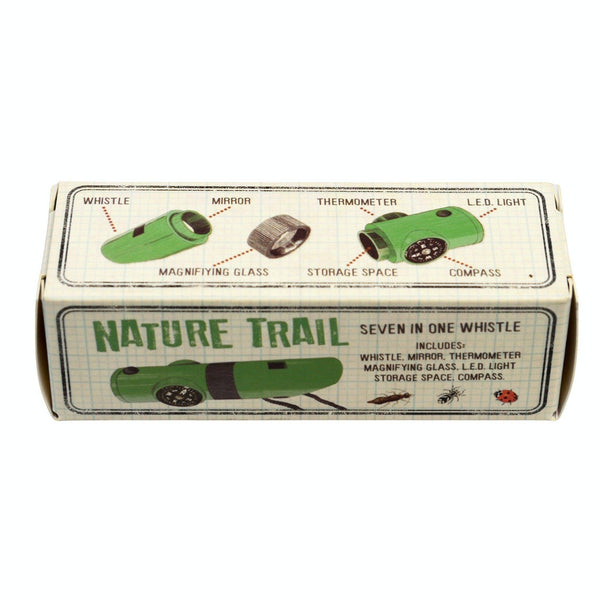Box of 'Nature Trail' seven-in-one whistle with features listed on a white background