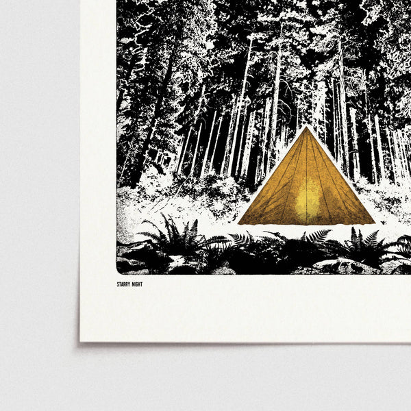 Wooden pyramid structure in a forest with a black and white background