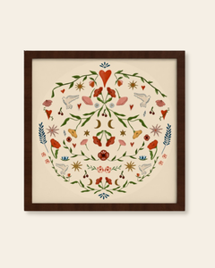 Decorative wall art with floral and nature-themed design in a wooden frame on a beige background