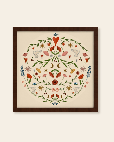 Decorative wall art with floral and nature-themed design in a wooden frame on a beige background