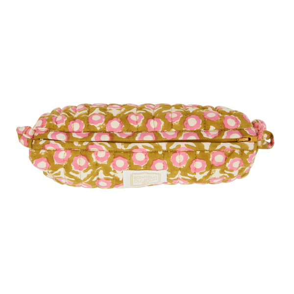 Floral-patterned pencil case with a visible brand label on a white background