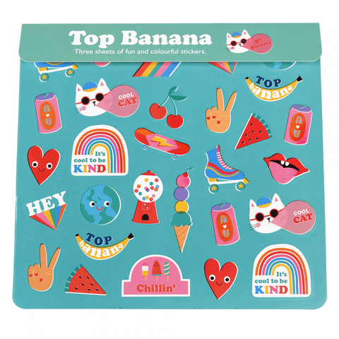 Top Banana sticker pack with various colorful stickers on a teal background
