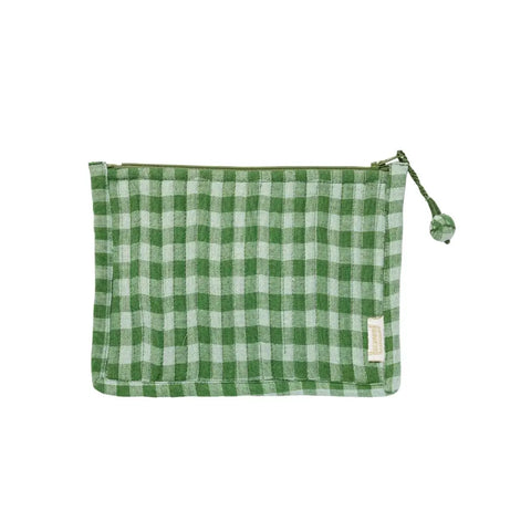 Green checkered pouch on a white background