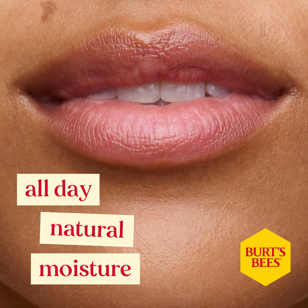 Close-up of lips with 'all day natural moisture' text and Burt's Bees logo.