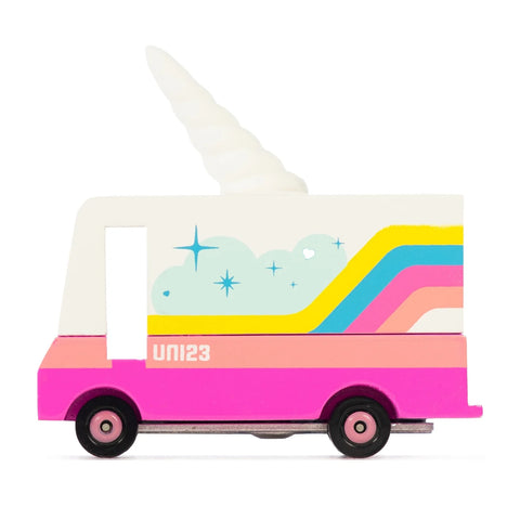 Colorful toy truck shaped like a unicorn on a white background