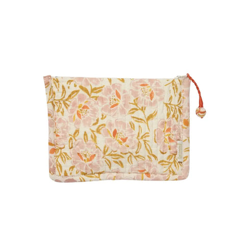 Floral patterned pouch with a tassel on a white background