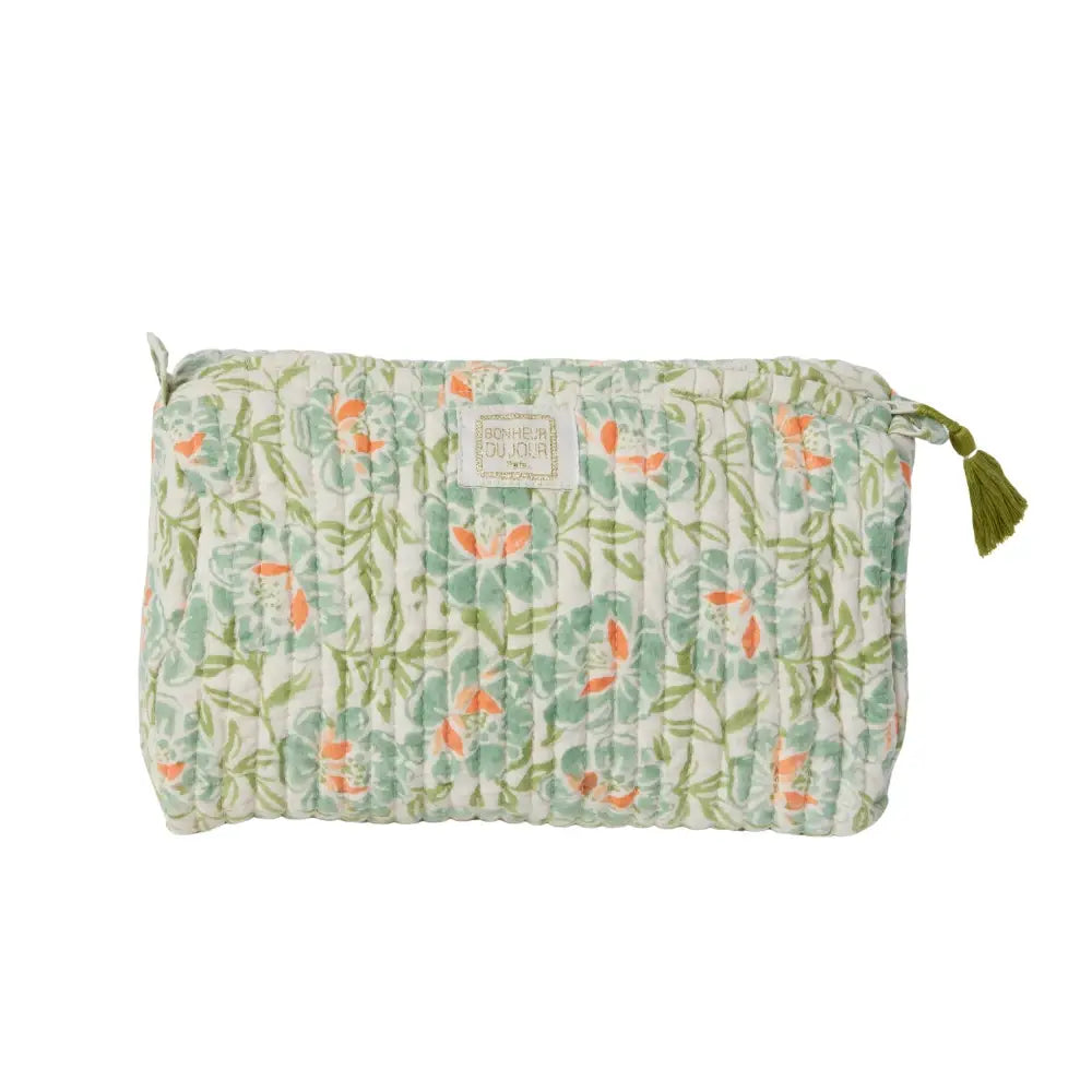 Floral patterned pouch with a visible brand label on a white background