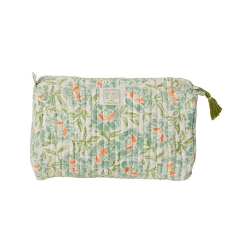 Floral patterned pouch with a visible brand label on a white background