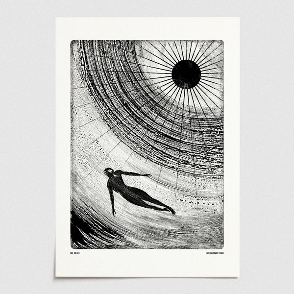 Black and white illustration of a person falling or diving towards a sun-like circle on a white background