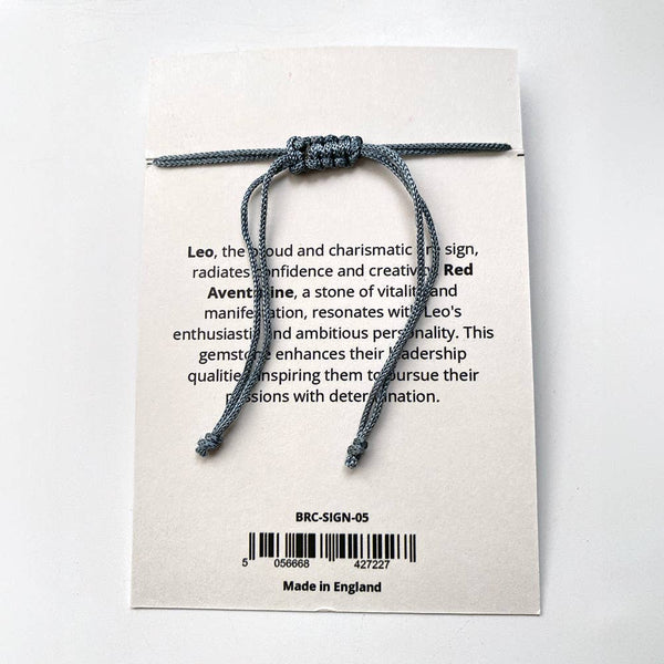 Cord bracelet on a card with text and branding details