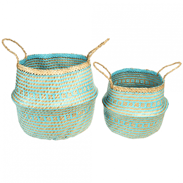 Two woven baskets with turquoise and beige pattern on a white background