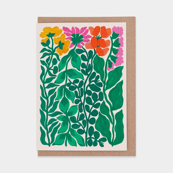 Greeting card with colourful floral design on a white background