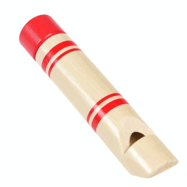 Wooden slide whistle with red stripes on a white background