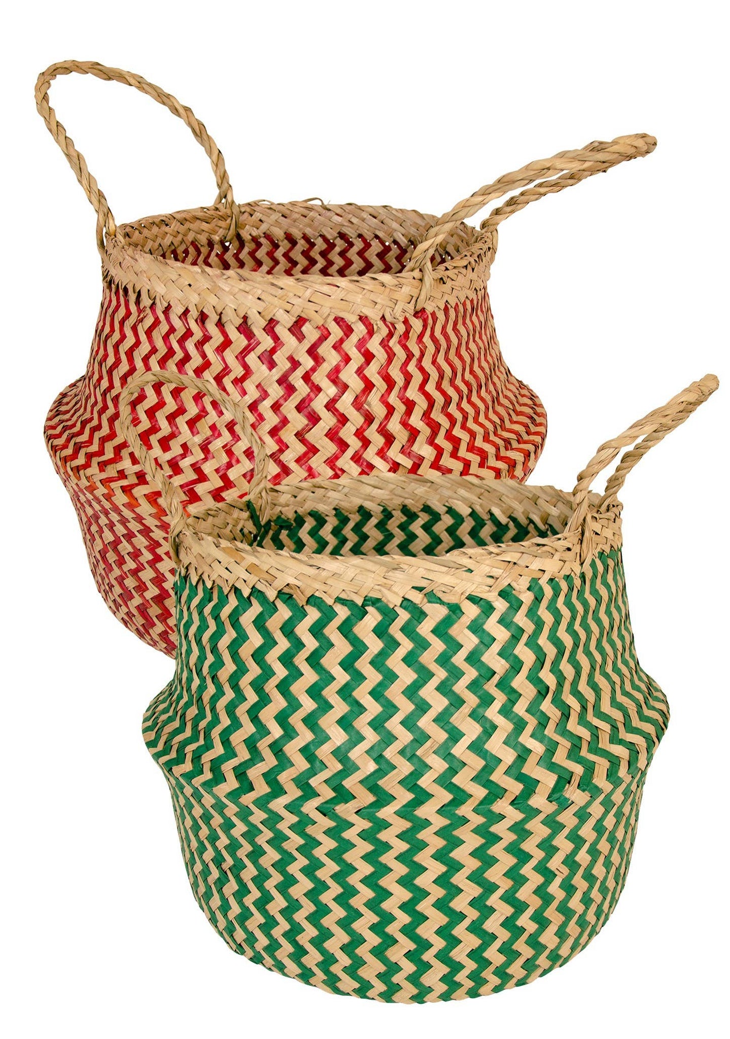 Two woven baskets with zigzag patterns, one red and beige, one green and beige, on a white background.
