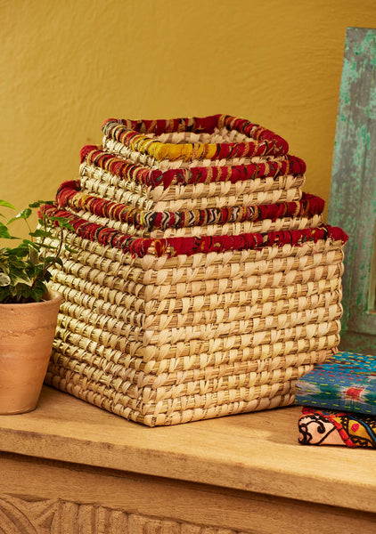 X Small Recycled Sari & Seagrass Basket