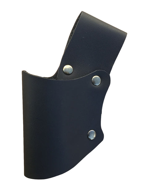 Black leather holster with metal studs on a white background