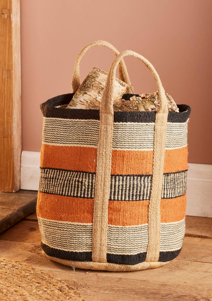 Jute handloom log/laundry bag/basket, terracotta