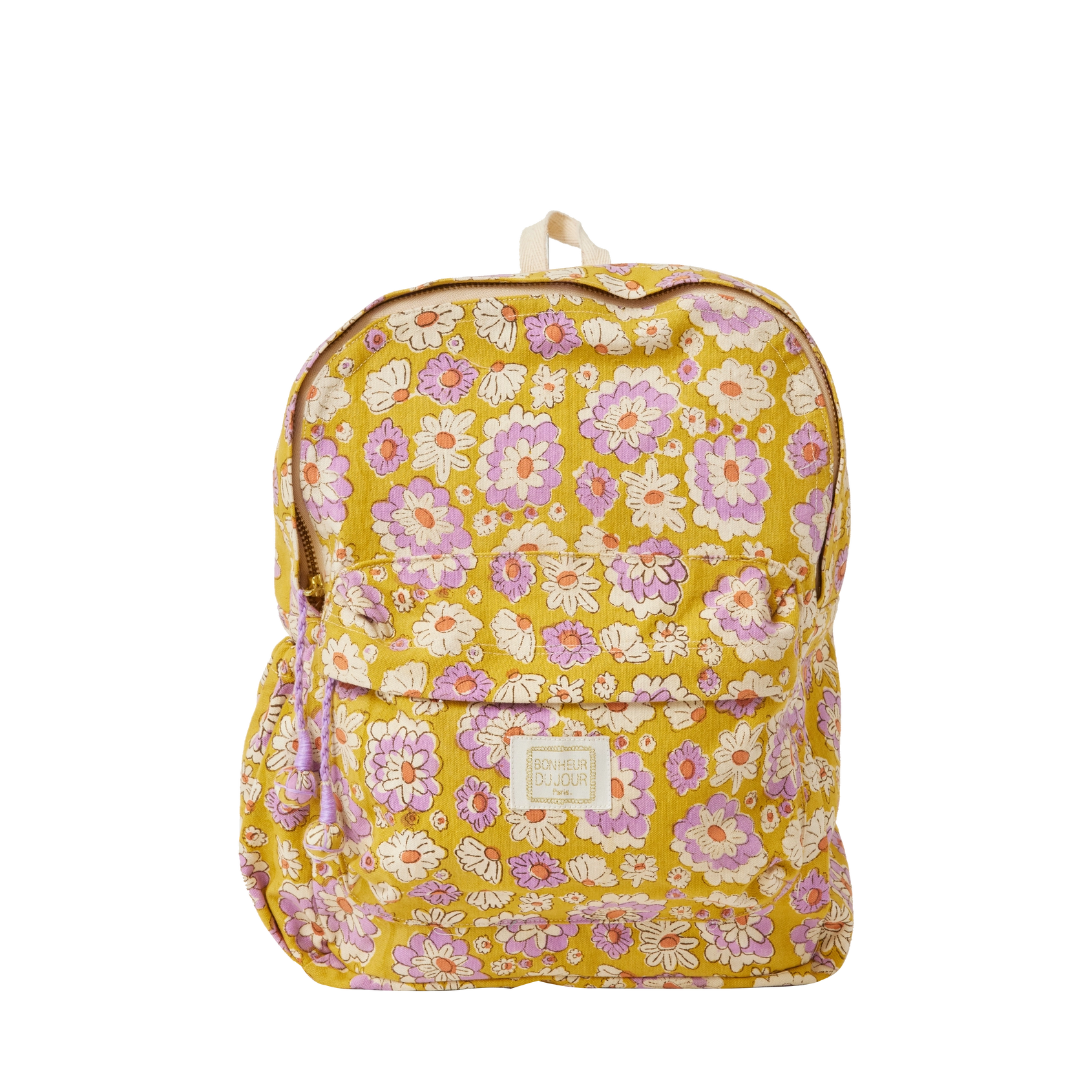 Yellow backpack with floral pattern on a white background
