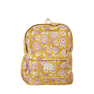 Yellow backpack with floral pattern on a white background
