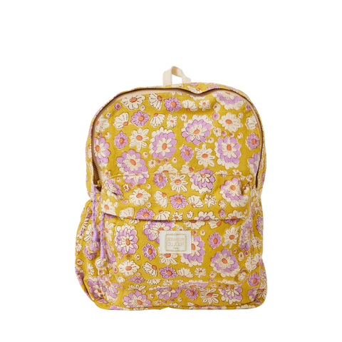 Yellow backpack with floral pattern on a white background