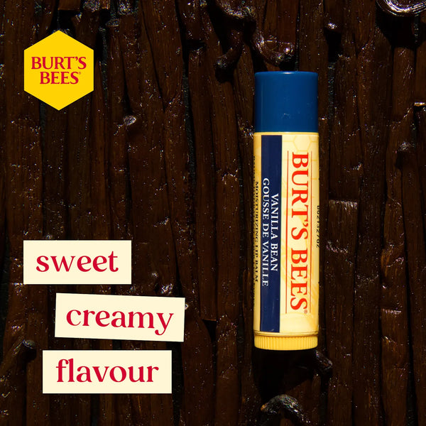 Burt's Bees vanilla bean lip balm on a dark brown background with text highlighting flavor.