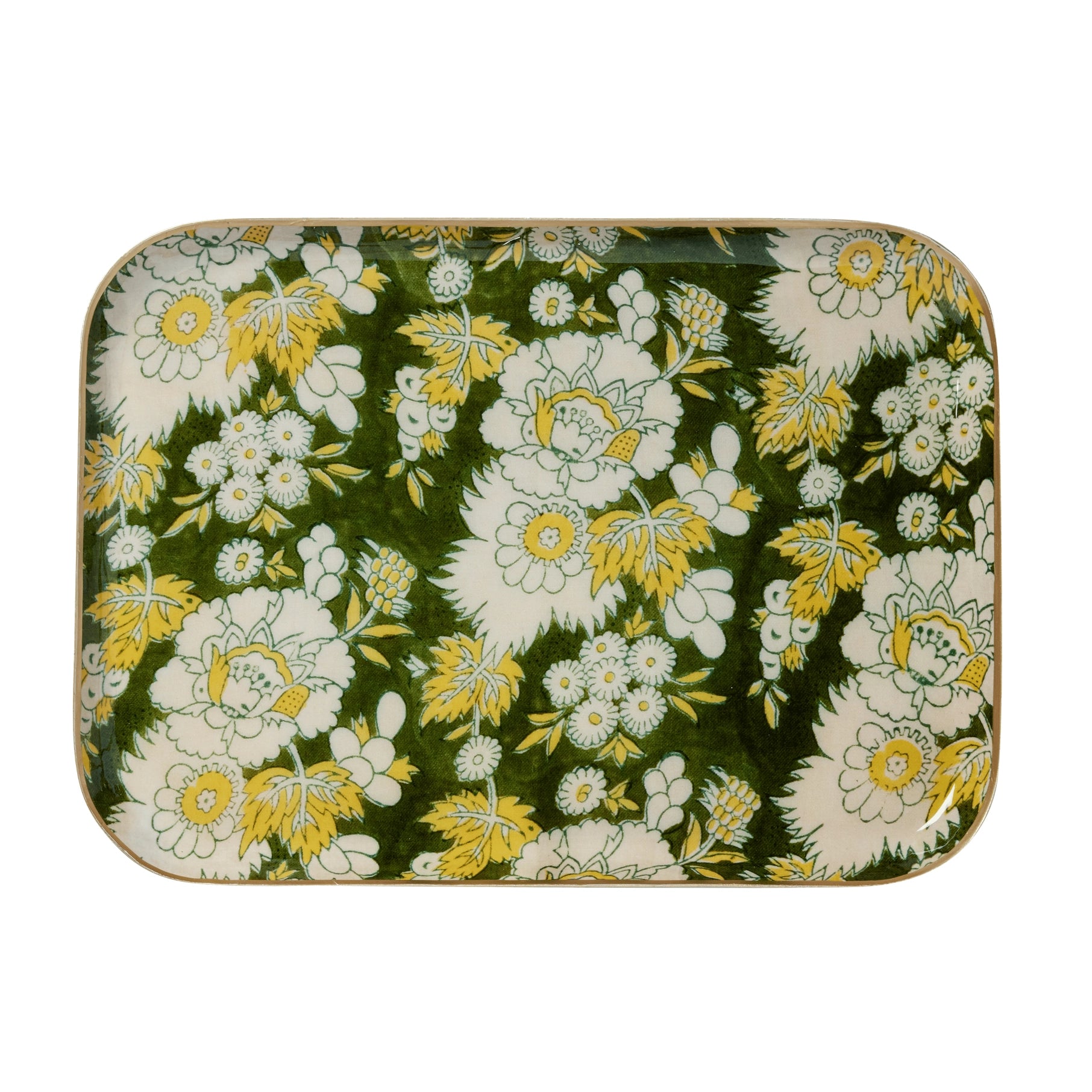 Large Vishnu Green Bohemian Chic Tray With Enamelled Metal Flowers - Bonheur du Jour