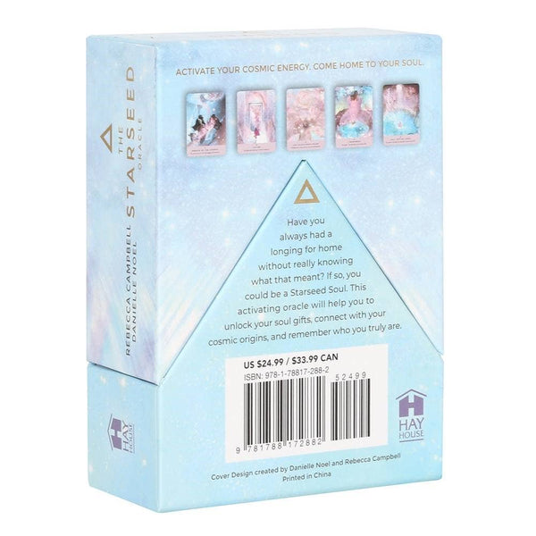 Back of a card deck packaging with text and images on a light blue background