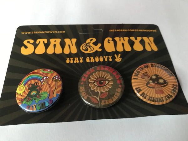 Groovy Psychedelic Retro Pin Badges - Stan and Gwyn