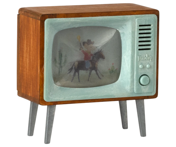 Vintage-style television with a cowboy on horseback on the screen