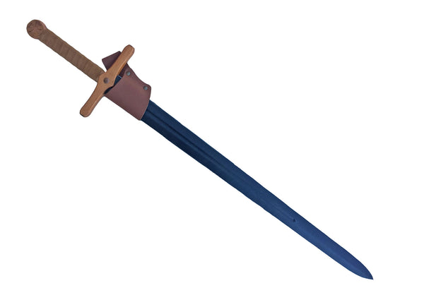 Sword with a brown handle and black blade in a brown leather sheath on a white background