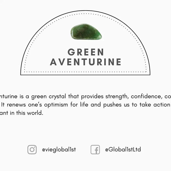 Green aventurine crystal with descriptive text on a white background