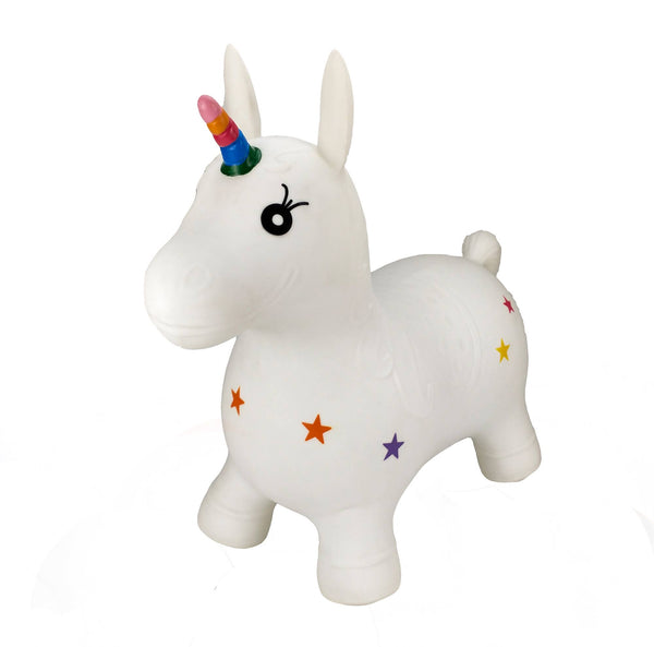 White unicorn hopper toy with colourful horn and stars on a white background