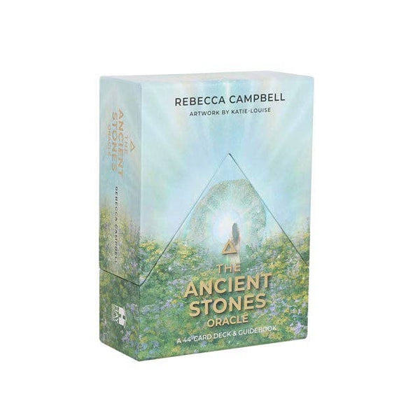 Box for 'The Ancient Stones Oracle' by Rebecca Campbell with nature-themed design.