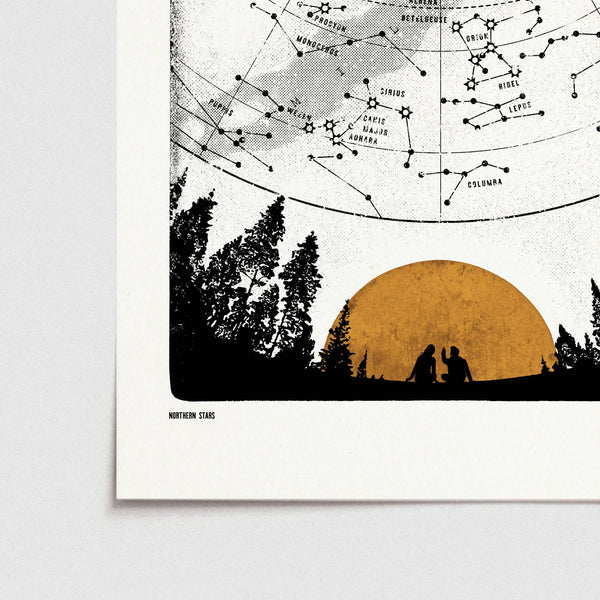Poster with silhouette of two people under a large moon, surrounded by trees, and a star map above.