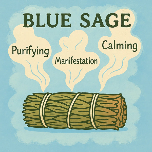 Illustration of a bundle of blue sage with smoke and text on a light blue background