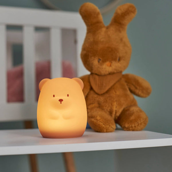 Brown bunny toy and bear-shaped night light on a white surface with a blurred background.