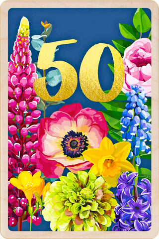Card with colourful flowers and the number '50' on a blue background