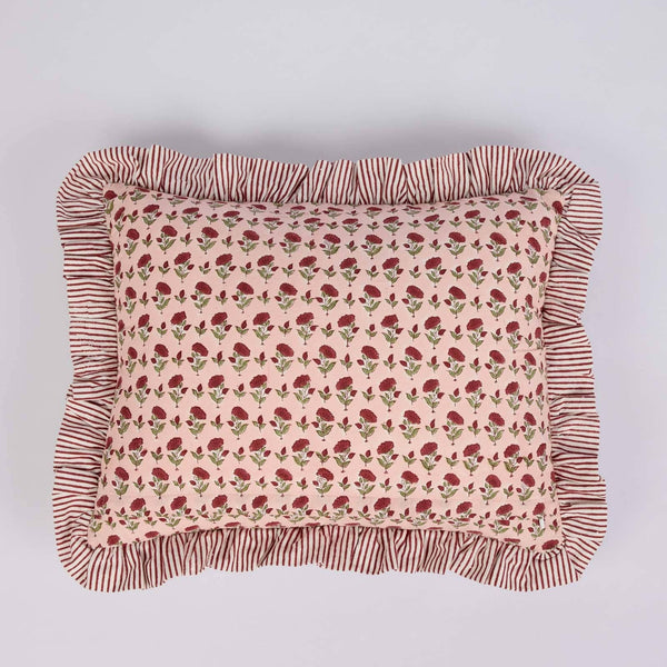 Ruffled Cushion Cover - Scarlet Ditsy Floral Block Printed - Paper Mirchi