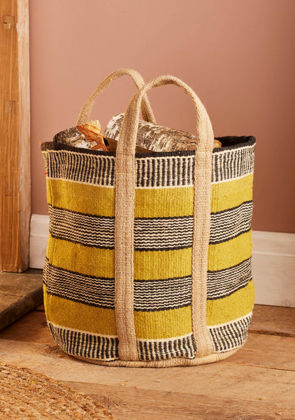 Jute handloom log/laundry bag/basket, mustard