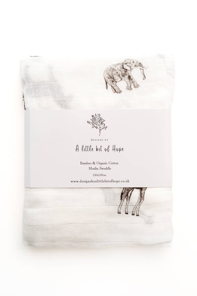Baby blanket with a safari design and text on a white background
